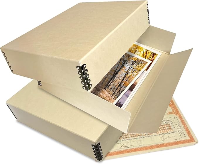 Lineco, 9x12 Tan Color Museum Archival Storage Box, Drop Front Design. Acid-Free with Metal Edge. Preserves Picture Longevity, organize Photos, Documents, Crafts, Diy, Pack of 2