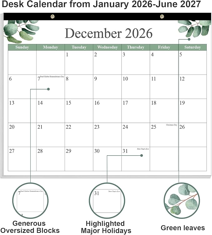 Desk Calendar 2026 - Calendar 2026-2027 from January 2026 to June 2027, 18 Months Calendar with Thick Paper for Office, Home, School Organizing, 14.5" X 11.5", Leaf