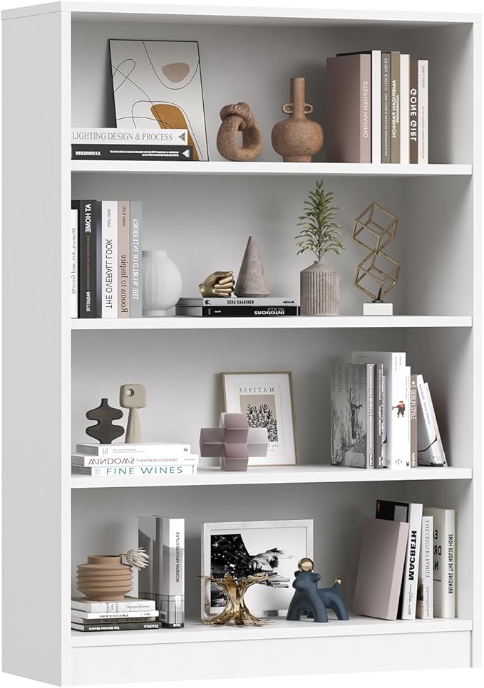 Farini 48 Inch Tall 4-Shelf Bookcase, Wood Bookshelf Storage Organizer Adjustable Shelf for Home Office, Study Room, Easy Assembly,White