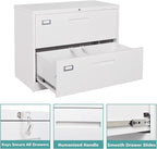 MIIIKO 2 Drawer Lateral File Cabinet with Lock, White Filing Cabinet for Home Office, Two Drawer Metal File Cabinet for Hanging Files Folders Letter/Legal/F4/A4 Size