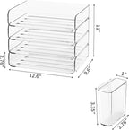 FANXIYQ 4-Tier Stackable Paper Tray Organizer for Desk with Detachable Hanging Pen Cup - Durable PET Desktop Paper Organizer, Space-Saving Desk Accessory