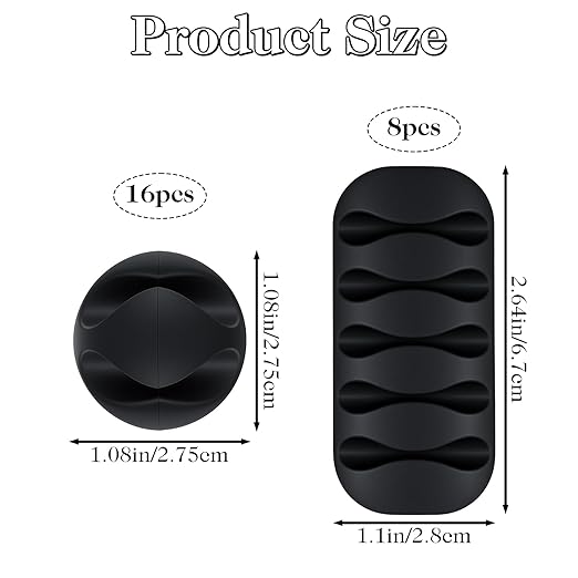 Sorcristy Cable Clips Cord Holder - 24 Pack Black Adhesive Cable Organizer for Desk, Car, Nightstand - Cord Management Clips for Phone Chargers, USB, Computer Cables
