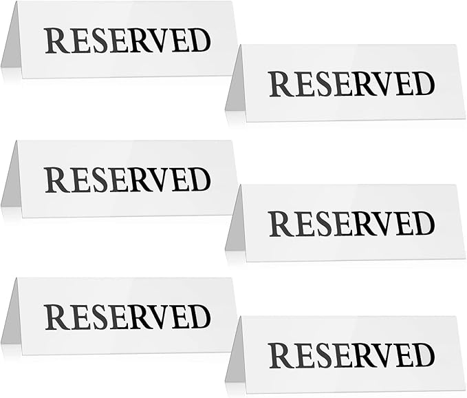 6 Pieces Plastic Reserved Table Sign Table Tent Wedding Guest Reservation Seat Sign for Restaurant Wedding Chairs(7.9 x 2.7 Inches,Black Words White Background)