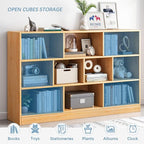 IOTXY Open Shelf Low Bookcase - Wooden 3-Tier Floor Standing Display Cabinet Organizer with Base, 5 Cubes Short Horizontal Bookshelf in Tiffany-Green