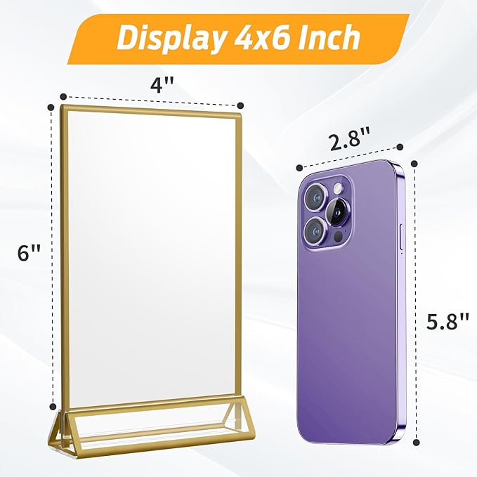 Smarpau 16 Pack 4x6 Acrylic Sign Holder with Gold Frame Table Number Holders Clear Picture Frames Flyer Stands Tables Menu Holder for Restaurant