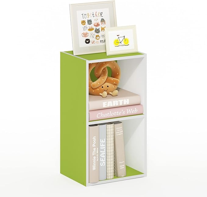 Furinno PASIR Book Shelf, 2-Tier Modern Bookshelf, Open Shelves Bookcase 9 x 12 x 21, for Living Room, Bedroom, Home Office, Green/White