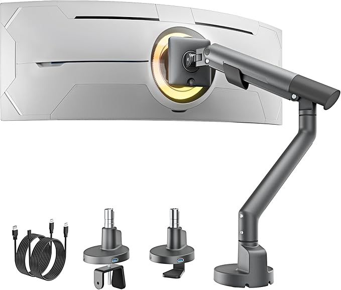monTEK Single Monitor Arm with USB for 17-40 Inch Screens, Up to 24.25lbs, Heavy Duty Monitor Mount with VESA Mount, Full Motion Adjustment Monitor Stand C-Clamp/Grommet Base,MA1010UCDG