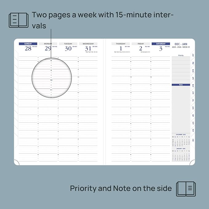 POPRUN 2026 Weekly Planner (A4 Size-8.25'' x 11.75''), 15-Minute Appointment Book (Jan 2026-Dec 2026) with Monthly Tabs, Inner Pockets, Pen Holder, PU Leather Softcover, 100GSM - Night Sky Navy Blue