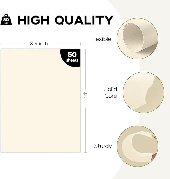 50 Sheets Cream Cardstock 8.5 x 11 Ivory Paper, Goefun Off White Card Stock Printer Paper for Cards Making, Office Printing, Wedding