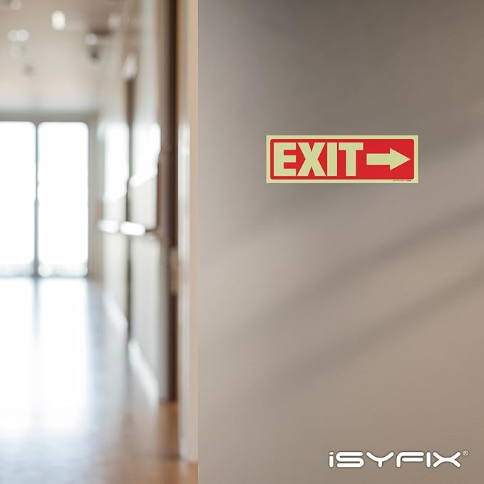 iSYFIX Exit Stickers Signs with Directional Right Arrow 6 Pack 12x4 Inch - Glow in the Dark Photoluminescent Vinyl for Office, School, Business, Warehouse - UV & Weather Resistant for Indoor/Outdoor Use