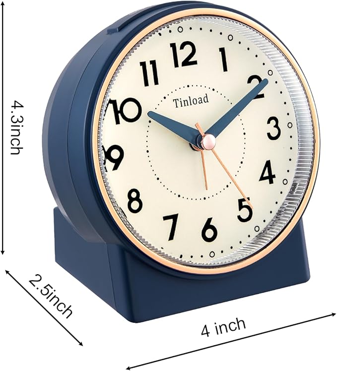 Tinload 4.3" Retro Analog Alarm Clock, Vintage Decor, No Ticking Silent, Easy to Set, Gradual Rise Alarm, On/Off Switch on Side, Gentle Wake, Snooze, Lighted on Demand, Battery Operated, Retro Blue