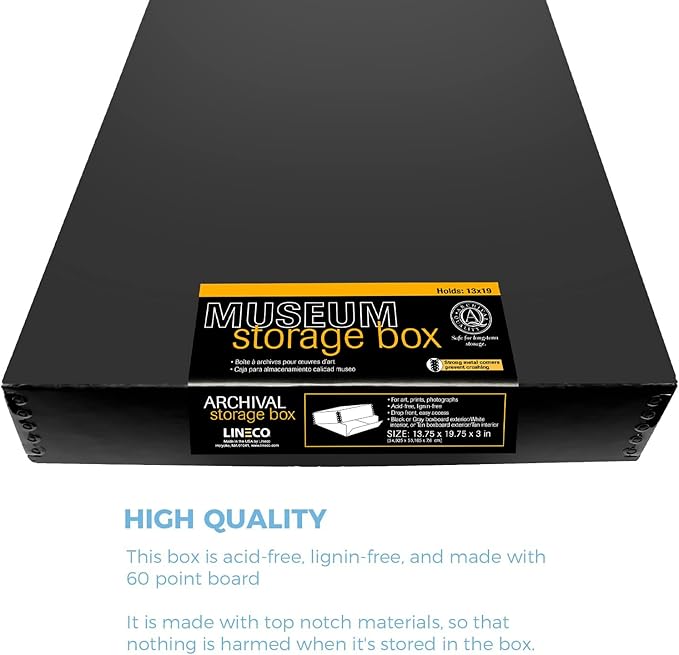 Lineco 13x19 Black Museum Storage Box, Removable Lid and Drop Front Design, 13.5 x 19.5 x 3 in Archival with Metal Edge, For Picture Longevity, Photos, Document, Crafts, Paper Art Print