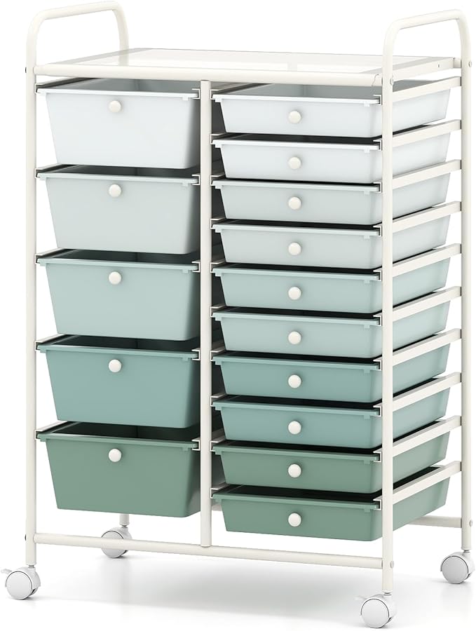 COSTWAY 15-Drawer Rolling Storage Cart, Mobile Utility Cart with Heavy-duty Frame & Lockable Wheels, Multipurpose Storage Organizer for Paper, Office, School, Green Gradient