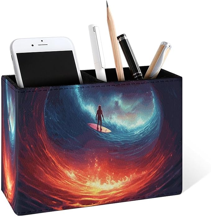 Famame Astronaut Surfing Space Wave Pencil Holder for Desk, Leather Desktop Container Pen Cup Storage Study Table Pen Organizer Makeup Brush Holder for Classroom Office Home