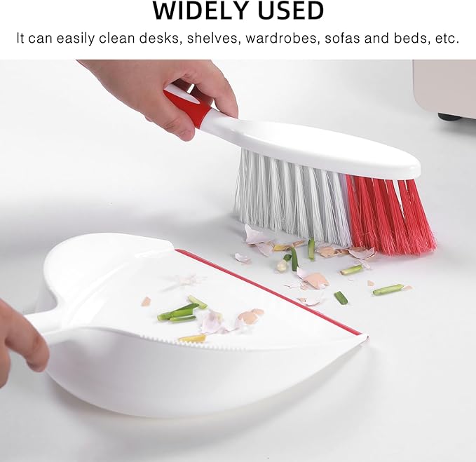 NACENA Dust Pan and Brush Set, Large Hand Broom and Dustpan Set Large Brush and Dustpan Set for Camping Broom and Dustpan Combo for Daily Cleaning Pet Hair Office Home Car, White & Red