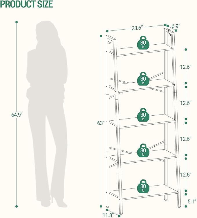 Hzuaneri Ladder Shelf, Bookshelf Bookcase, Freestanding Corner Storage Shelve with 2 Hooks for Home Office, Living Room, Kitchen, Bedroom, Industrial, 11.8" D x 23.6" W x 63" H, Greige BC19305B