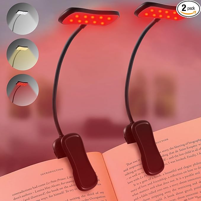 Finezeal 630nm Red Book Light - Zero Blue Light, Rechargeable Clip On Red Reading Light for Reading at Night, Poratble Dimmable LED Book Lamp, Perfect for Travel Nursing Studying(2 Pack)