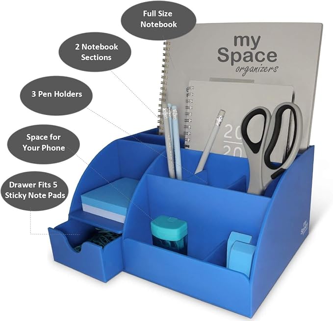 My Space Organizers Blue Desk Organizer, 9 Compartments, Office Supplies and Desk Accessories Organizer, Pen Holder Decor Desktop (Blue)
