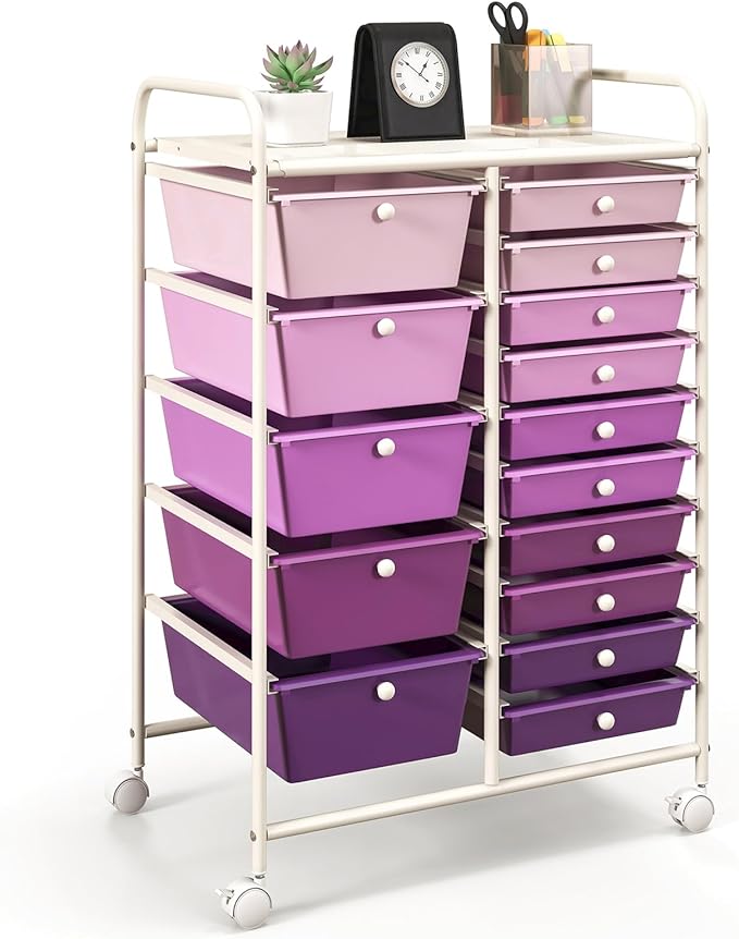 GOFLAME 15-Drawer Rolling Storage Cart, Craft Storage Cart with Removable Drawers & Lockable Wheels, Art Cart Supply Storage Organizer for Home Office Classroom, Purple Gradient