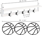 BAMEOS Wall-Mounted Wood Shelf with 5 Dual Hooks for Bathroom, Living Room, Bedroom (White-with Shelf)