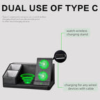 LADSTAG Black Leather Desk Organizer With Charging Station,Office Supplies Desk Accessories,Pen Holder for Desk,Remote Control Holder,Desk Organizer With Phone Charger,Nightstand Desktop Organizer
