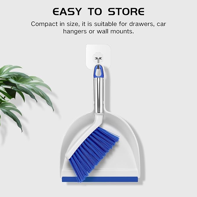 NACENA Mini Broom and Dustpan Set, Small Dust Pan and Brush Set with Handle Dustpan Teeth for Cleaning Hair Suitable for Office Desks Drawers Sofas Outdoor Camping, Blue