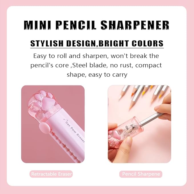 4Pcs Cat's Paw Cute Stationery Set,Cute School Supplies,Including 2 Cute Pencil Sharpeners and 2 Retractable Erasers, for Kawaii Office School Home Supplies (Cat paw)