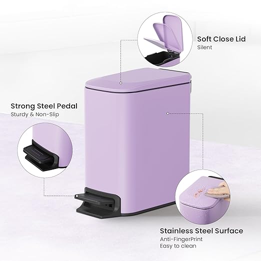 Cesun Small Bathroom Trash Can with Lid Soft Close, Step Pedal, 6 Liter / 1.6 Gallon Stainless Steel Garbage Can with Removable Inner Bucket, Anti-Fingerprint Finish (Purple)
