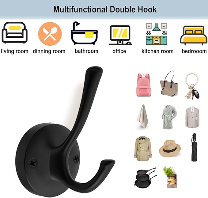 TOFIIGREM Black Wall Hooks Towel Hooks, 3 Pack Coat Hooks Robe Hook Heavy Duty Metal Double Bath Hook Wall Mounted, Hand Towel Hooks for Entryway Bathroom Kitchen Closet Garage
