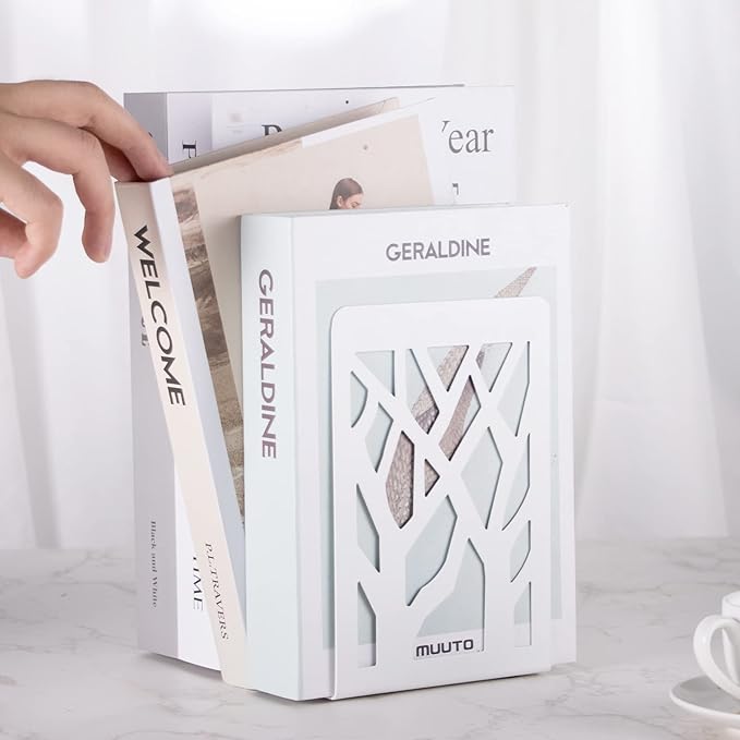 Book Ends for Shelves and Heavy Books - Metal White Bookends 1 Pair - Home Decorative Shelf Holder, Supports, and Stoppers