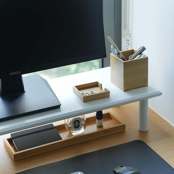 ROCDEER Bamboo Dual Monitor Stand Riser White, Desk Monitor Riser for 2 Monitors, Supports for PC Computer Monitor, Printer, Heavy TV Riser up to 300 lbs, White