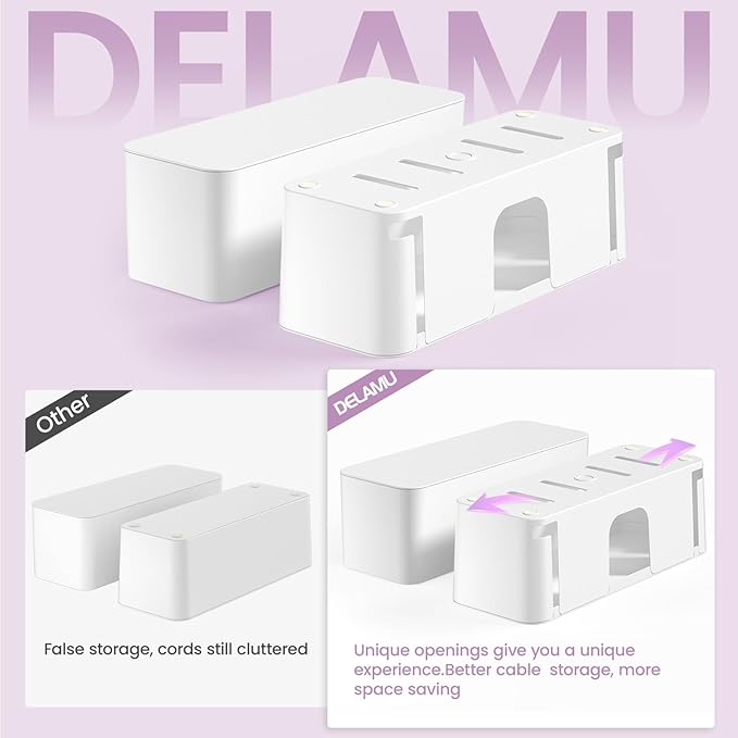 Delamu 2 Pack Cable Management Box, Stylish Cable Box with Cord Organizer for Desk, Pet & Child-Proof Power Strip Hider Box and Floor Cord Covers, Ideal for Home & Office, Durable Cable Organizer Box