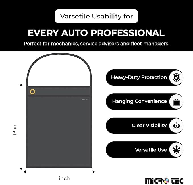 MICRO TEC Repair Order/Work Ticket Holders – Heavy-Duty Vinyl Sleeves with Black Handle – 11" x 13" for Automotive Repair Orders, Job Tickets, Documents – Pack of 50 – Solid Black