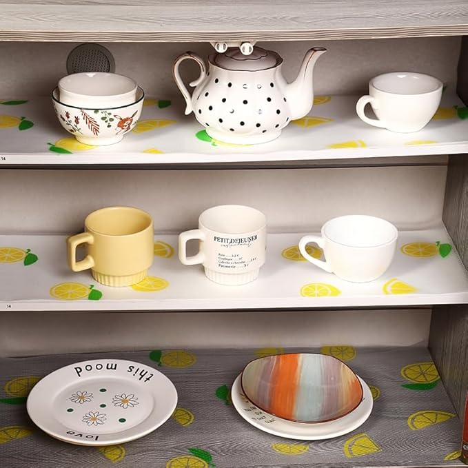 Lemon Print Shelf Liner with Green Leaf – Non-Adhesive Waterproof Drawer and Cabinet Liner – Decorative Kitchen Shelf Paper for Pantry, Closet, Cupboard, Countertop