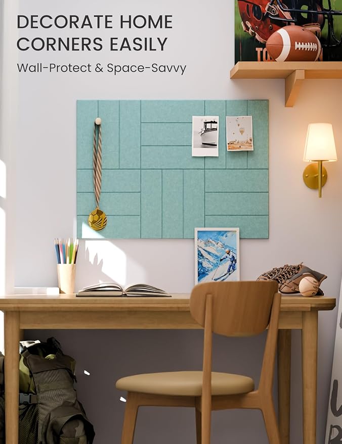 Fluxynara Felt Bulletin Board Tiles -28"x18" with 40 Adhesive Tabs, Cork Board Alternative for Office Decor, Push Pin Board Wall Organizer 6-Pack (Seafoam Blue)
