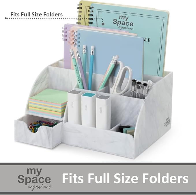 My Space Organizers Marble Desk Organizer For Office Supplies And Accessories - 9 Sections - Pencil Pen Holder Storage - Desktop Organization Decor Essentials (White Grey Marble)