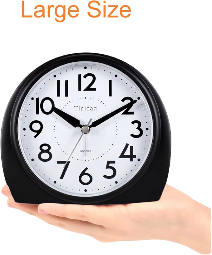 Tinload 5.5" Large Analog Alarm Clock Silent Non Ticking, Gentle Wake, Beep Sounds, Increasing Volume, Battery Operated Snooze and Manual Light, Easy Set, Black (Best for Elder)