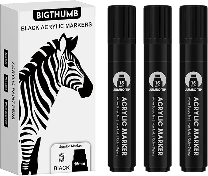 BIGTHUMB 3 Pcs Black Jumbo Permanent Markers: 15mm Wide Tip Thick Acrylic Paint Pen Large Calligraphy Marker for Rock Painting, Poster, Sign, Canvas, Glass, Wood, Ceramic