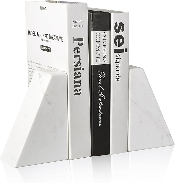Karibiber Marble Bookends for Heavy Books, Decorative Book Ends for Shelves, White Stone Durable and Heavy-Duty Book Ends for Hardback Books & CDS, Unique Book Stopper & Holder, Set of 2