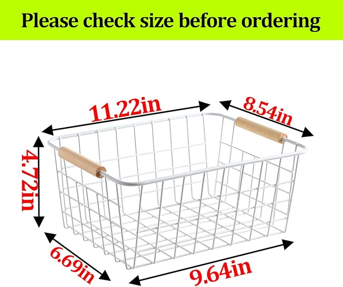 HDYOUDO Metal White Wire Basket,Food Storage Organizer with Wooden Handles, pantry organizers and storage for Organizing Kitchen Cabinets potato onion, 2 Packs