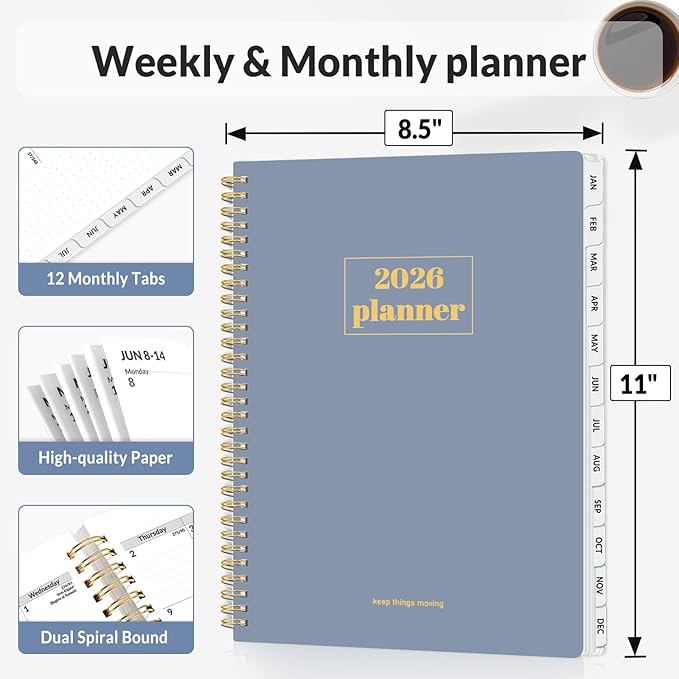 SUNEE 2026 Planner, Weekly and Monthly Calendar Planner, January 2026-December 2026, Daily Agenda with Tabs, Note Pages, Spiral Binding, 8.5"x11", Gray Blue
