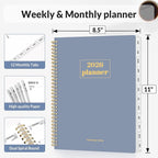 SUNEE 2026 Planner, Weekly and Monthly Calendar Planner, January 2026-December 2026, Daily Agenda with Tabs, Note Pages, Spiral Binding, 8.5"x11", Gray Blue
