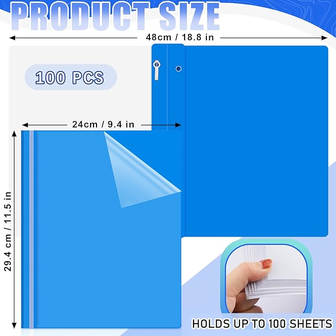 Teling 100 Pcs Plastic Report Covers with 3 Prong Fasteners 11.42 x 9.45 Inch Clear Front Report Covers Bulk Presentation Folders for School Document(Blue)