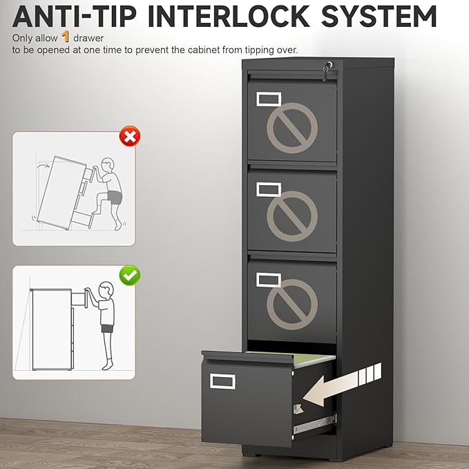 4 Drawer File Cabinet with Lock, High-Capacity Vertical Metal Filing Cabinet for Home Office, Heavy Duty Locking Steel Storage for A4/Letter/Legal Size, Black, 17.7" D x 14.6" W x 52.6" H