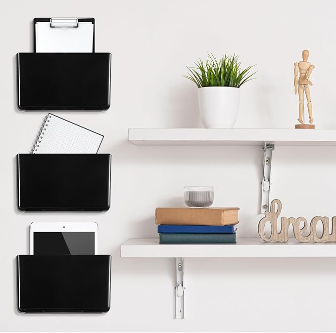 Tenceur 10 Pcs Single Pocket Wall Mount File Holder Black Plastic Wall Pocket with Screws and Tape Hanging File Organizer Letter Holder for Home Letters Mail Magazine Office