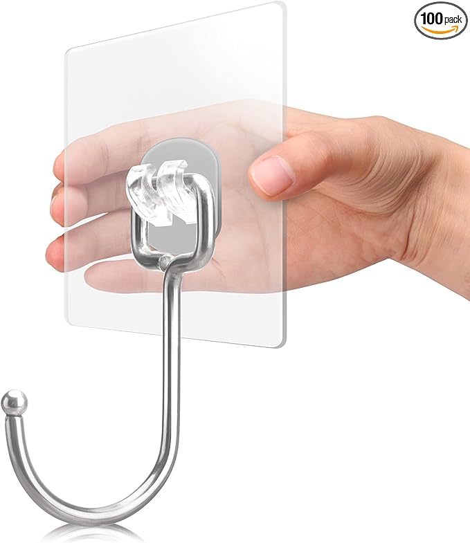 Antimbee 100 Pack Clear Adhesive Hooks, 37lb(Max) Heavy Duty Self Adhesive Hooks, Sticky Wall Hooks with No Damage and Quick Assembly, Waterproof Bathroom Kitchen Wall Accessories Hanger and Holder