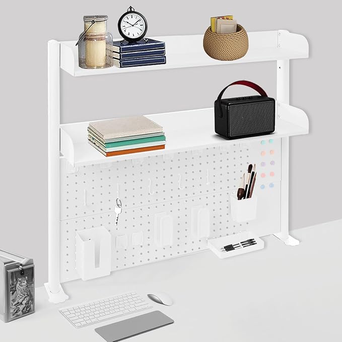 Dlinanta Clamp-On Pegboard Desk Organizer, 2-Tier Clamp On Desk Shelf with Hooks, Office Accessory Organizer for Books, Office Supplies & DIY Storage, 16.5lbs Capacity, 39.37" x 37.4", White