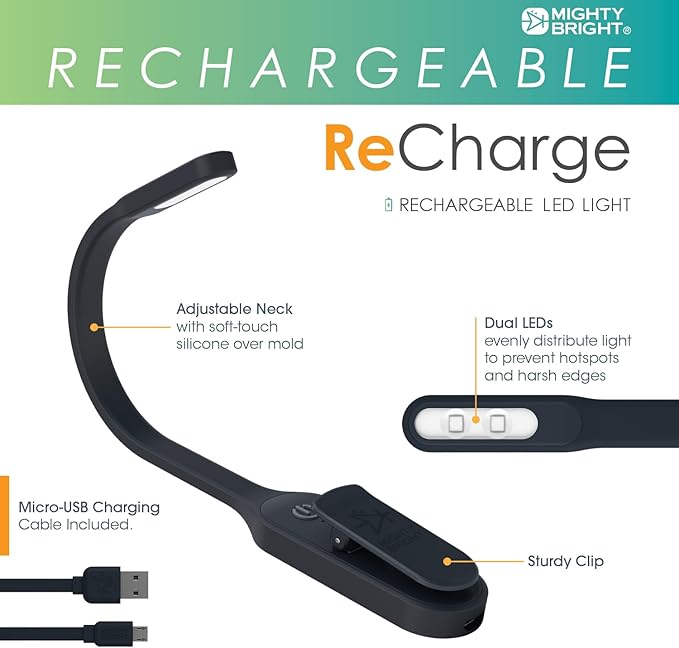 The Original Mighty Bright Recharge Clip On Rechargeable Book Light Reading Light, Warm Eye Care LEDs, Flexible, Durable, Dimmable, Perfect for Kids, Bookworms, Reading in Bed, Lasts 60 Hours (Black)