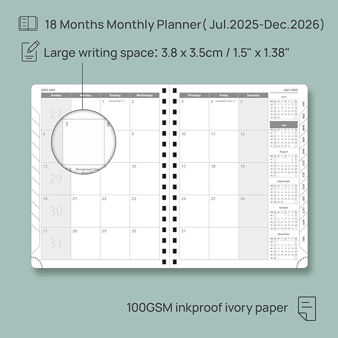 POPRUN Monthly Planner 2025-2026 Spiral Bound (6.5" x 8.5") 18 Months Calendar (Jul 2025 - Dec 2026) - 4 Pages per Month with Monthly Expense & Notes, Sunday Start, Leather Cover - Black