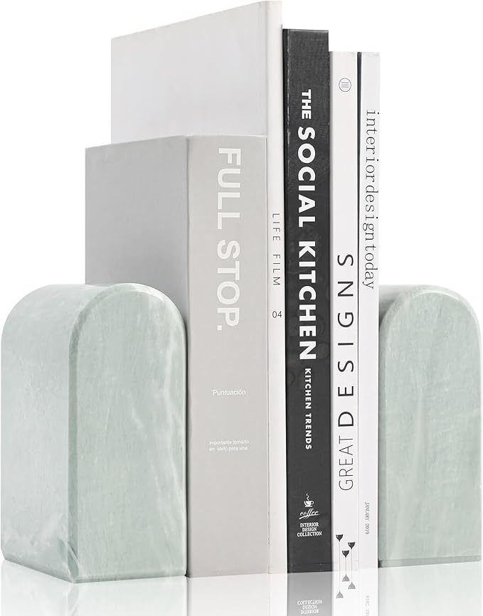 Faticdorr Luxury Marble Bookends for Shelves, 13LB Heavy Duty Marble Book Ends for Heavy Books, Stone Bookends Decorative, Polished, Light Green Arch, Set of 2